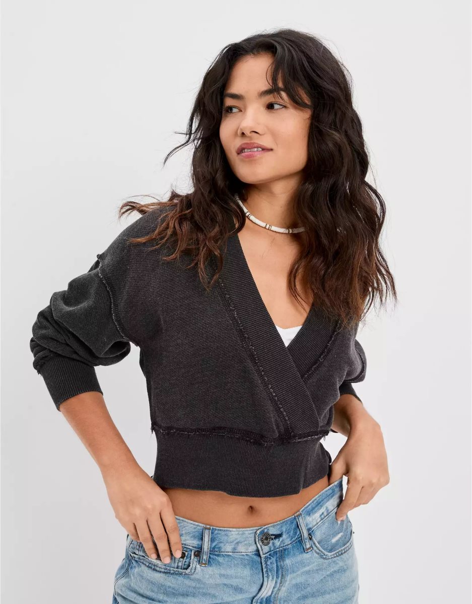 Sweats American Eagle AE Wrap-Front Noir Femme | CMM-05275317